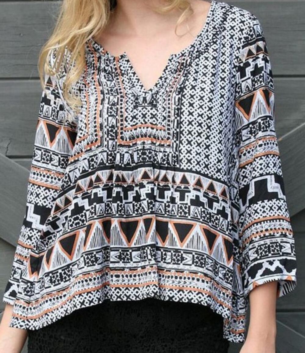 Angie Boho Tribal Blouse Black White Tan Flowy Rayon Tunic Top Size Small
